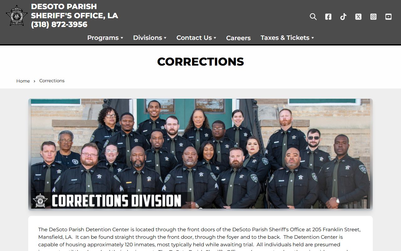 DeSoto Parish inmate population corrections page for the detention center