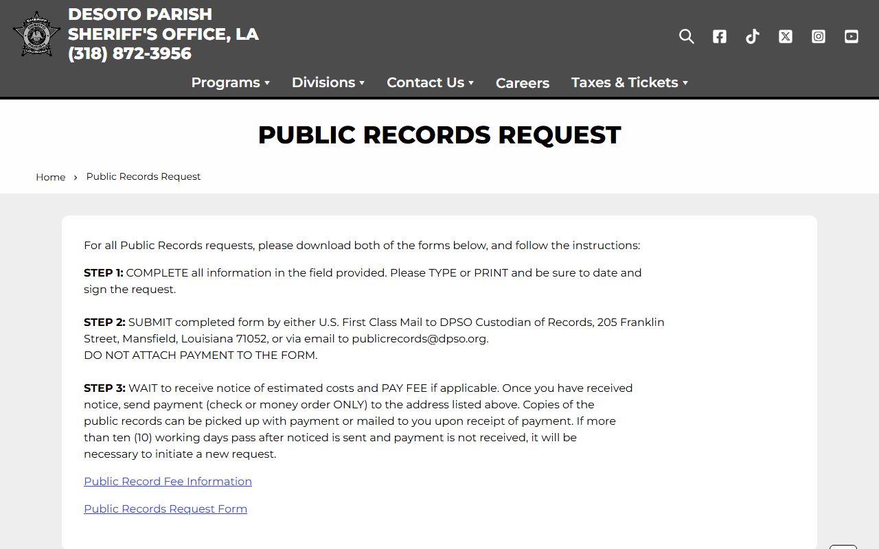DeSoto Parish inmate records public records request instructions